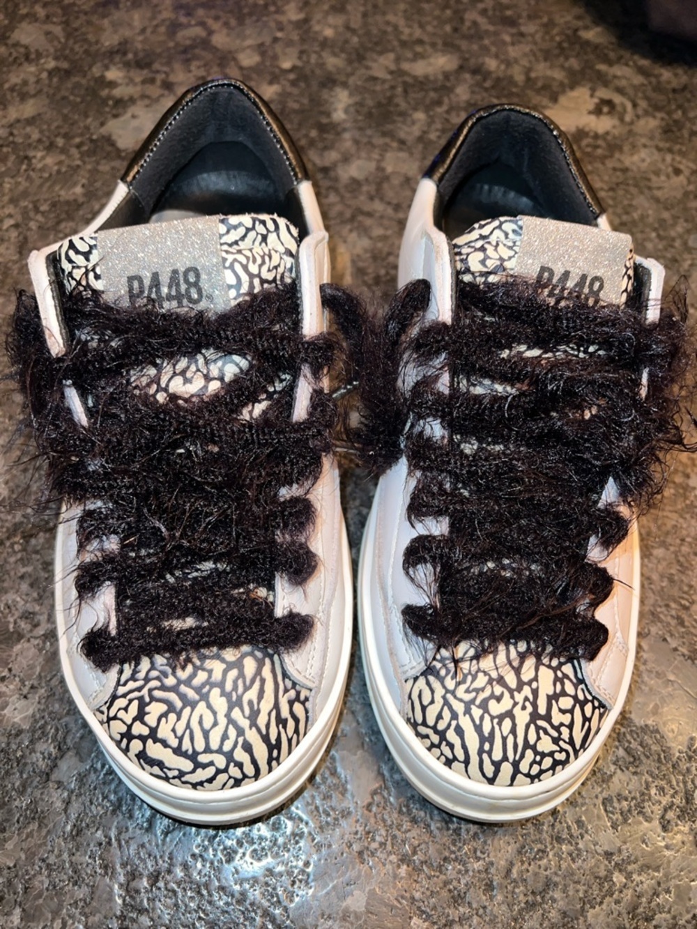 P448 Sz 36 John Cement Low Top Sneakers featuring black feather laces